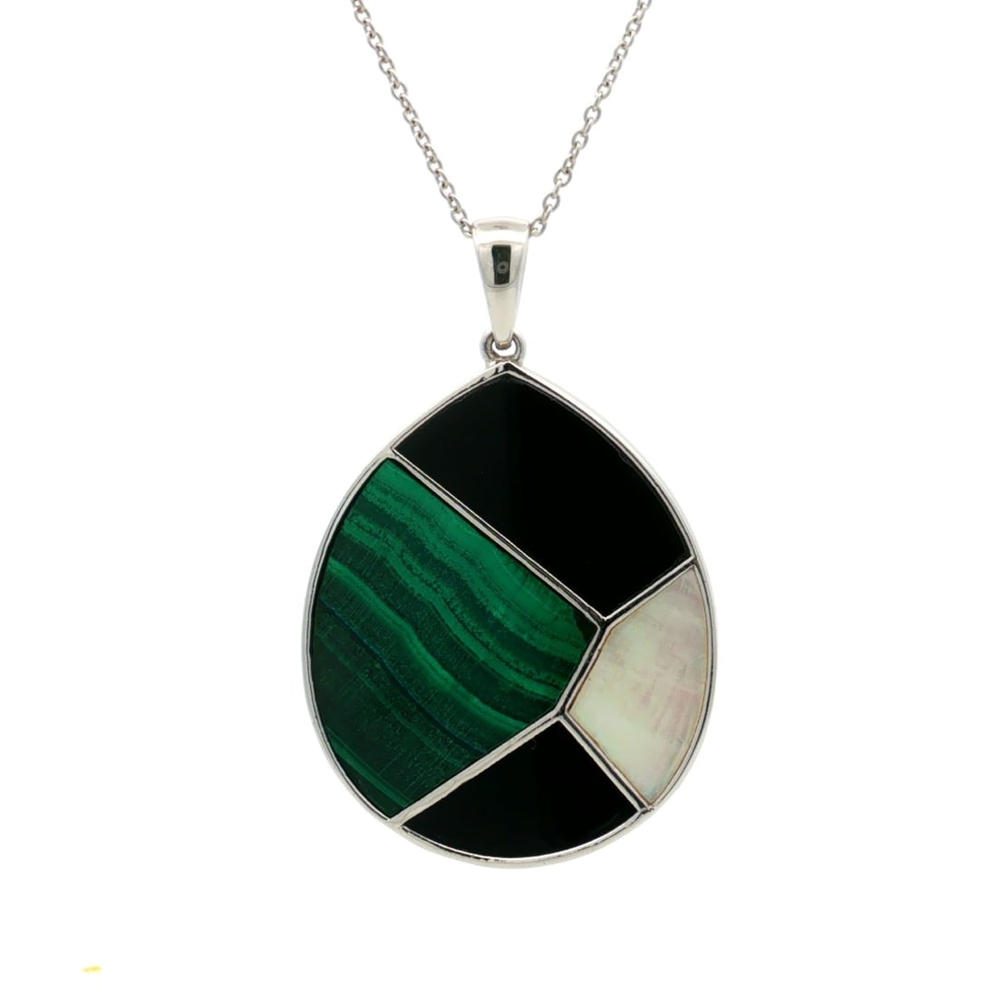 HRD Certified Malachite, Mother of Pearl & Black Onyx Pendant – 925 Sterling Silver - 3
