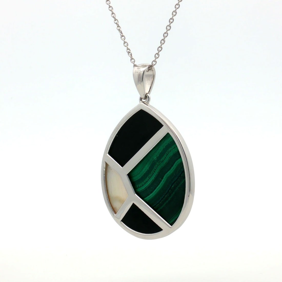 HRD Certified Malachite, Mother of Pearl & Black Onyx Pendant – 925 Sterling Silver - 4