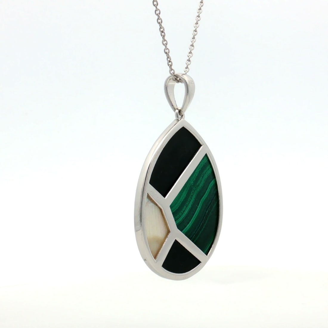 HRD Certified Malachite, Mother of Pearl & Black Onyx Pendant – 925 Sterling Silver - 5