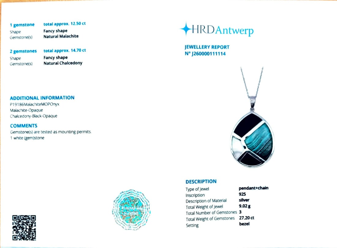 HRD Certified Malachite, Mother of Pearl & Black Onyx Pendant – 925 Sterling Silver - 6