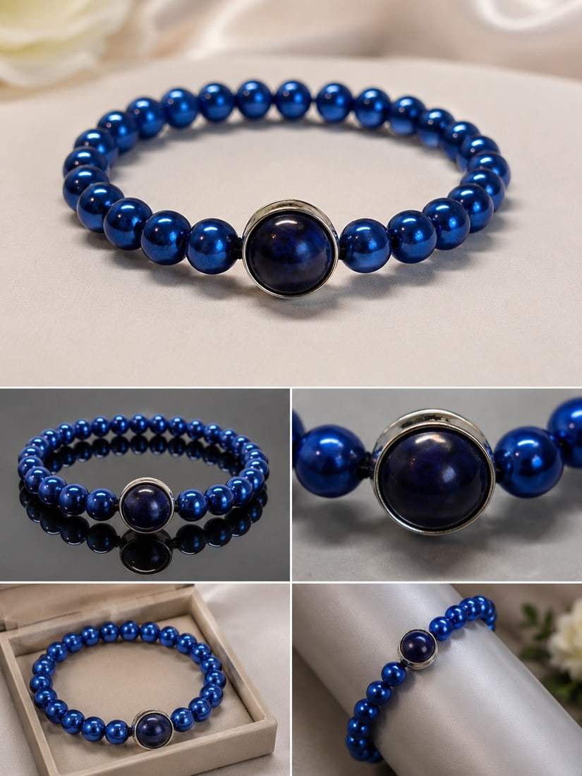 Blue Faux Pearl Beaded Bracelet with Decorative Centrepiece: Title: Blue Faux Pearl Beaded Bracelet with Decorative Centrepiece Description: Elegant stretch bracelet featuring glossy blue faux pearl beads with a round dark blue decorative centrepiece in a