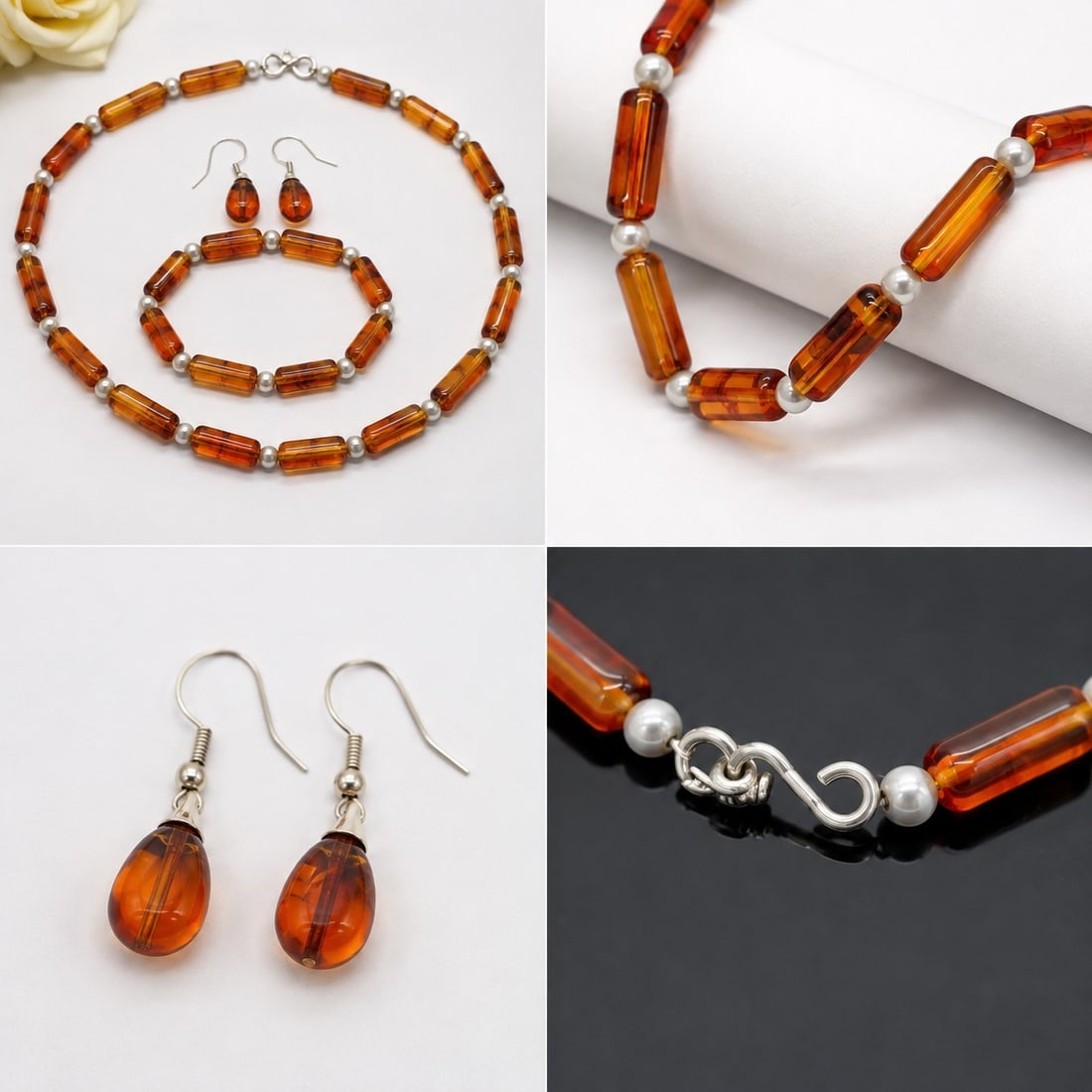 Amber-Style Jewellery Set – Necklace, Bracelet & Earrings: Title: Amber-Style Jewellery Set – Necklace, Bracelet & Earrings Description: Attractive three-piece jewellery set featuring translucent amber-coloured beads with silver-tone details. The