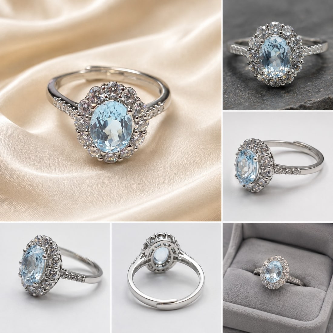 925 Sterling Silver Ring with Natural Blue Topaz: Title: 925 Sterling Silver Ring with Natural Blue Topaz Description: Elegant 925 sterling silver ring featuring a beautiful oval-cut natural blue topaz as the centre stone, surrounded by sparkling