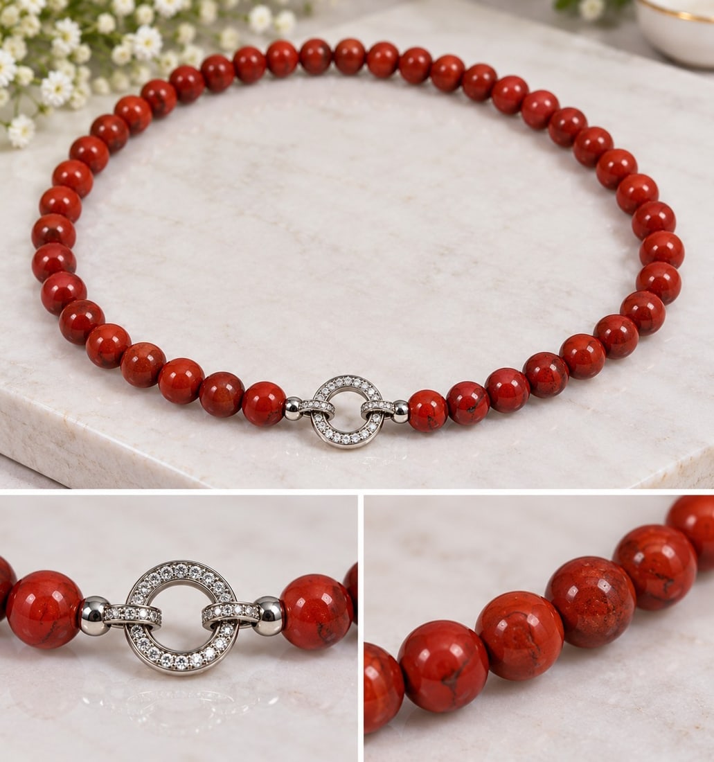 Red Beaded Necklace with Crystal-Set Clasp: Title: Red Beaded Necklace with Crystal-Set Clasp Description: Elegant necklace featuring polished round red beads with subtle darker markings. Finished with a silver-tone circular clasp decorated