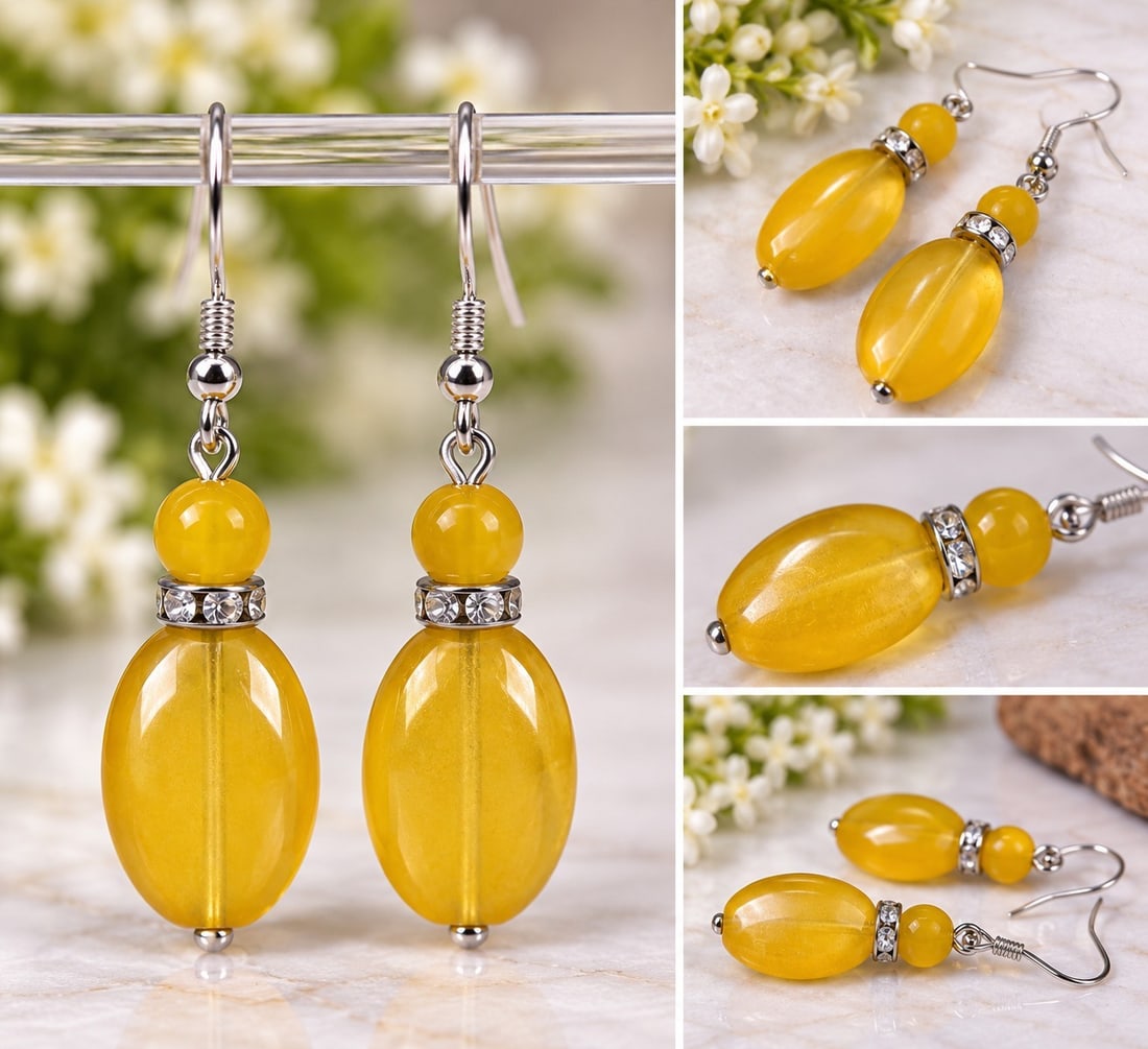 925 Sterling Silver Yellow Bead Drop Earrings: Title: 925 Sterling Silver Yellow Bead Drop Earrings Description: Elegant 925 sterling silver drop earrings featuring glossy yellow oval beads with matching round beads and sparkling spacer accents.