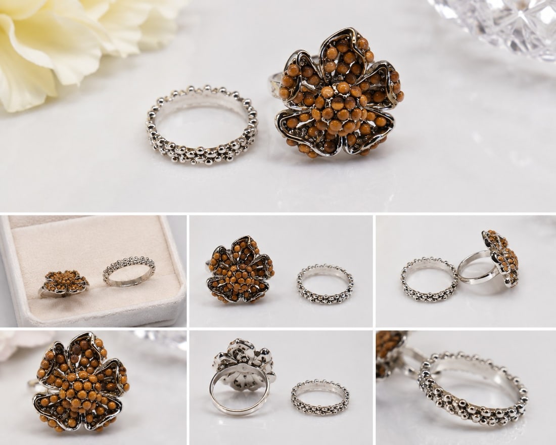 Set of Two Silver-Tone Statement Rings: Title: Set of Two Silver-Tone Statement Rings Description: Attractive set of two silver-tone rings featuring a large floral statement ring decorated with small warm brown beads, together with a