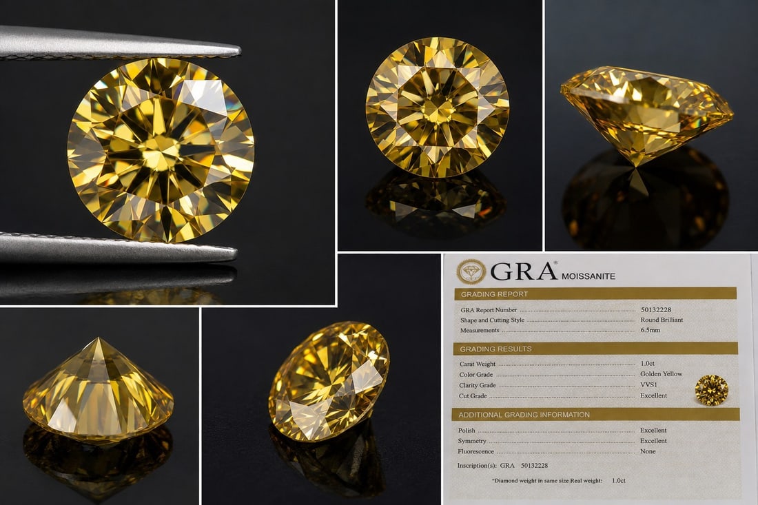 Golden Yellow Moissanite 1.0ct Round Brilliant 6.5mm with GRA Certificate: Title: Golden Yellow Moissanite 1.0ct Round Brilliant 6.5mm with GRA Certificate Description: Golden yellow round brilliant moissanite, 1.0ct diamond equivalent weight and 6.5mm diameter. VVS1
