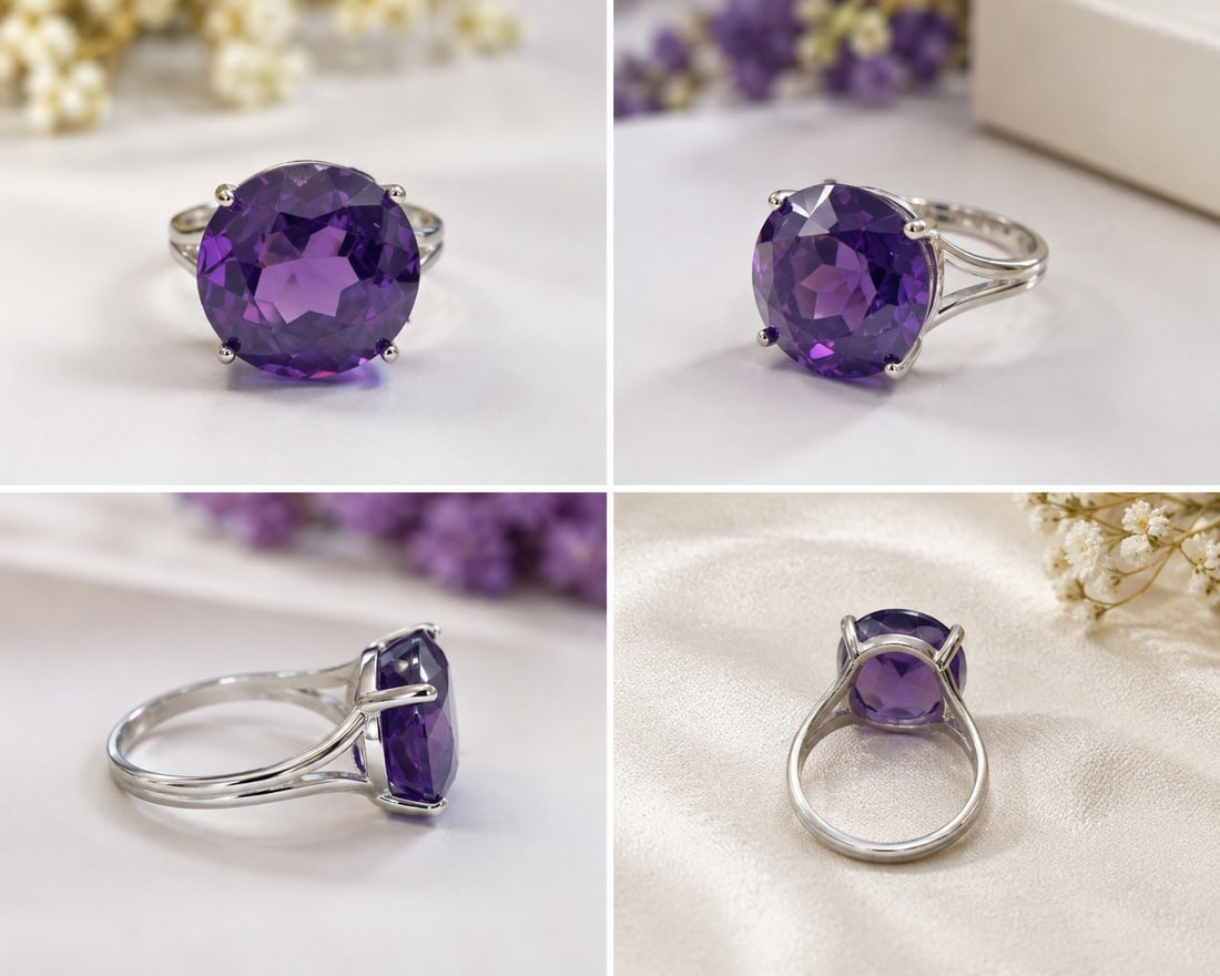 925 Sterling Silver Ring with Large 15mm Alexandrite: Title: 925 Sterling Silver Ring with Large 15mm Alexandrite Description: Elegant 925 sterling silver ring set with a large round faceted alexandrite gemstone measuring approximately 15mm in diameter.