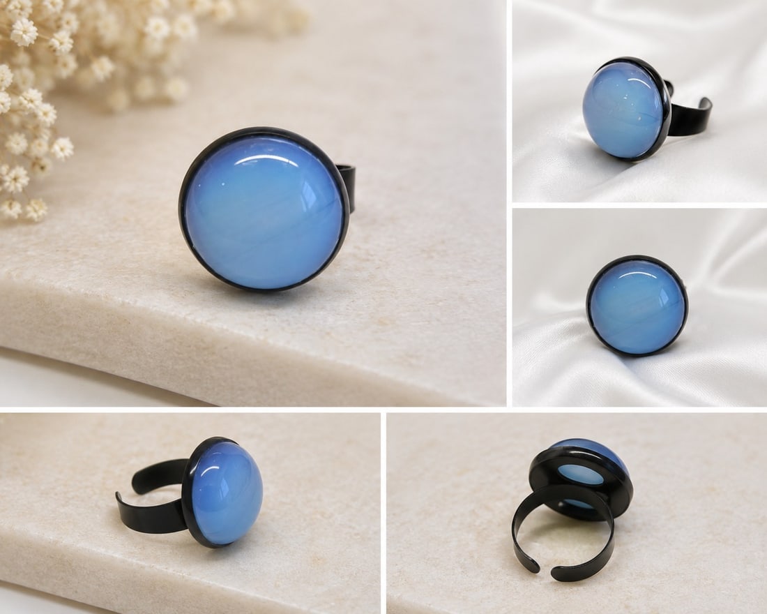 Blue Cabochon Adjustable Ring – Black Tone Metal: Title: Blue Cabochon Adjustable Ring – Black Tone Metal Description: Attractive statement ring featuring a large round blue cabochon with a smooth polished finish. Set in a lightweight, thin