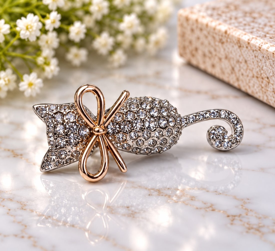Crystal Cat Brooch with Rose Gold-Tone Bow: Title: Crystal Cat Brooch with Rose Gold-Tone Bow Description: Sparkling cat-shaped brooch decorated with clear crystals and finished with an elegant rose gold-tone bow. Features a detailed curled
