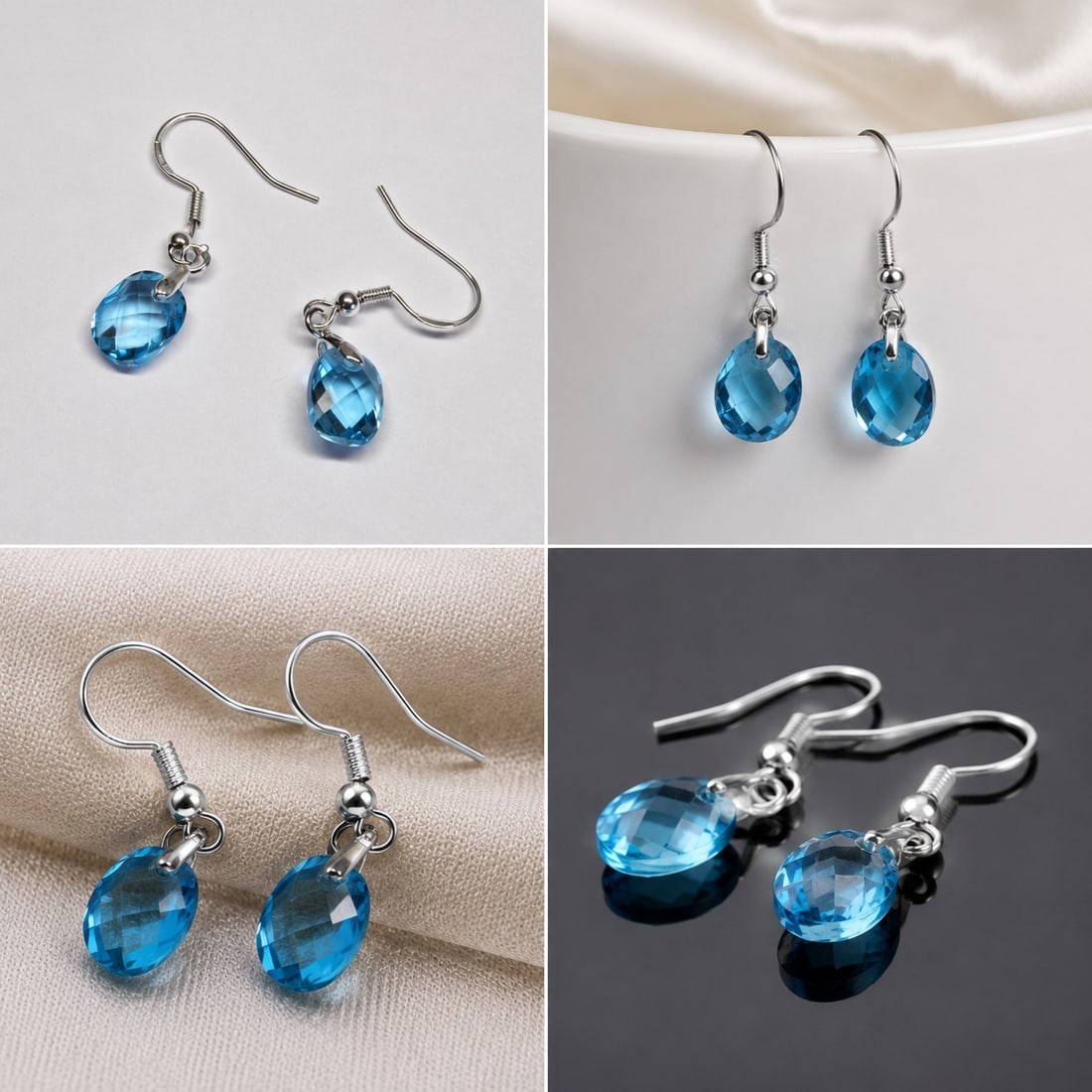Natural Blue Topaz Drop Earrings: Title: Natural Blue Topaz Drop Earrings Description: Elegant drop earrings featuring faceted natural blue topaz gemstones in a beautiful bright blue colour. The stones are suspended from classic