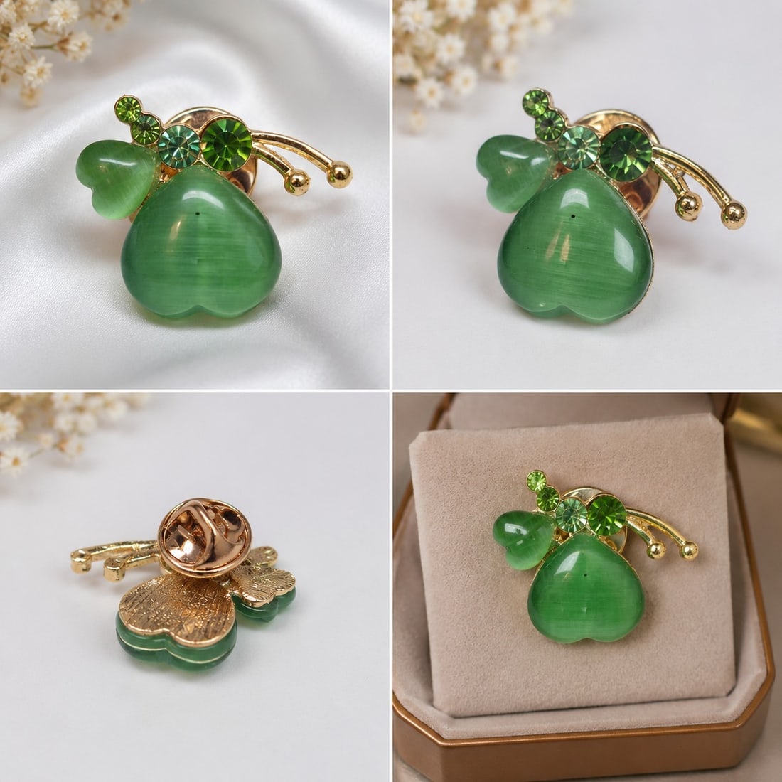 Green Floral Brooch with Decorative Stones: Title: Green Floral Brooch with Decorative Stones Description: Attractive gold-tone brooch featuring polished green cabochon-style stones with sparkling green accents. Designed in an elegant floral