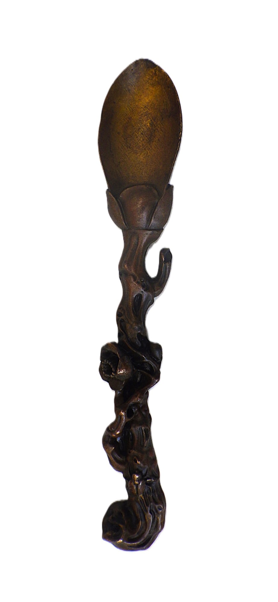 Chinese Antique Very Ornamental Bronze Teaspoon: Title: Chinese Antique Very Ornamental Bronze Teaspoon Description: A rare antique, bronze, oriental (possibly Chinese), heavily ornate teaspoon. The handle has a naturalistic theme with