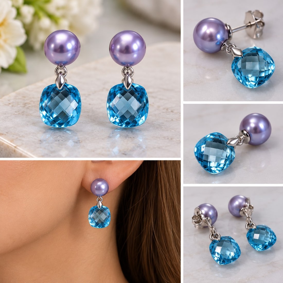 Natural Blue Topaz & Purple Pearl Drop Earrings: Title: Natural Blue Topaz & Purple Pearl Drop Earrings Description: Elegant drop earrings featuring faceted natural blue topaz gemstones paired with lustrous purple pearl beads. The vivid blue