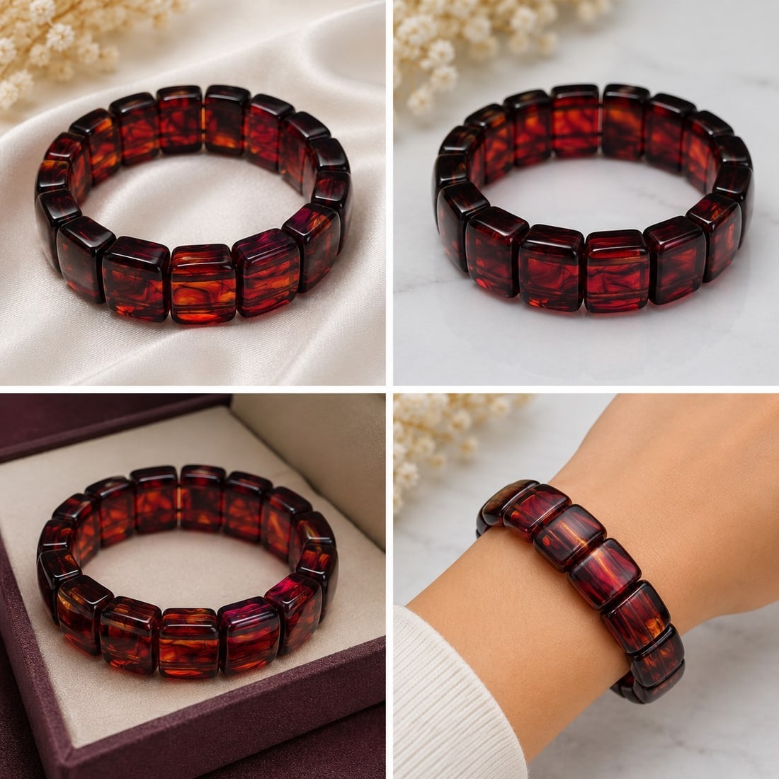 Deep Red Translucent Beaded Stretch Bracelet: Title: Deep Red Translucent Beaded Stretch Bracelet Description: Attractive stretch bracelet featuring polished rectangular beads in rich deep red and amber tones with a translucent finish. The