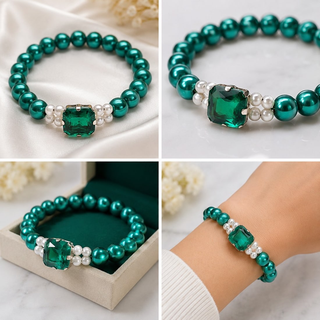 Emerald Doublet & Faux Pearl Beaded Stretch Bracelet: Title: Emerald Doublet & Faux Pearl Beaded Stretch Bracelet Description: Elegant stretch bracelet featuring glossy green beads with a faceted emerald doublet centre stone, accented by small white