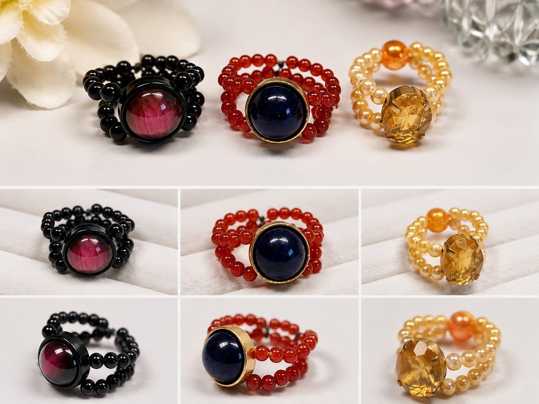 Set of Three Colourful Beaded Statement Rings: Title: Set of Three Colourful Beaded Statement Rings Description: Attractive set of three beaded statement rings in black, red and pearl-tone designs, each featuring a large decorative centre stone.