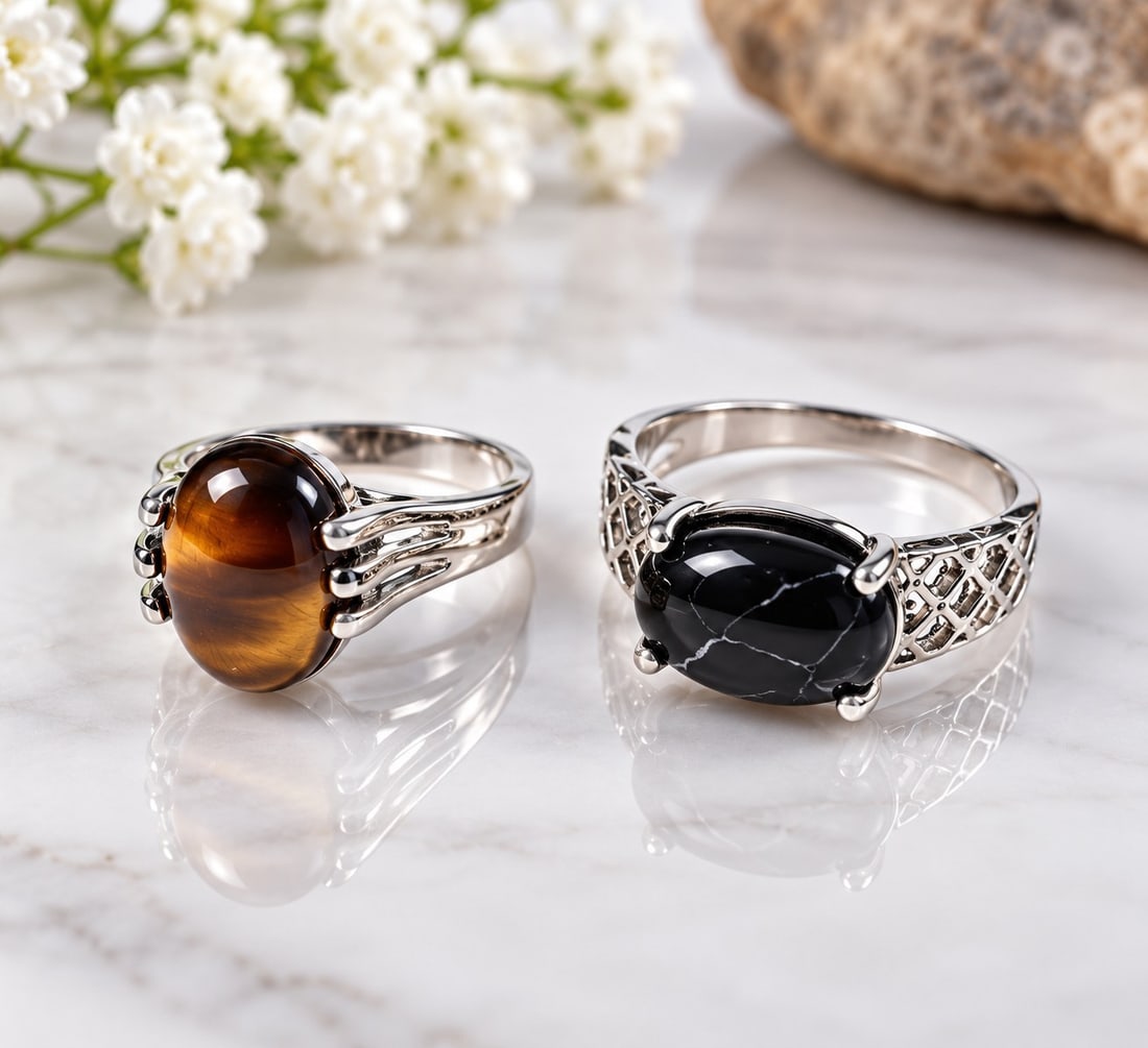 Set of Two Silver-Tone Rings with Oval Gemstones: Title: Set of Two Silver-Tone Rings with Oval Gemstones Description: A stylish set of two silver-tone rings, each featuring a polished oval cabochon gemstone. One ring is set with a rich brown ston