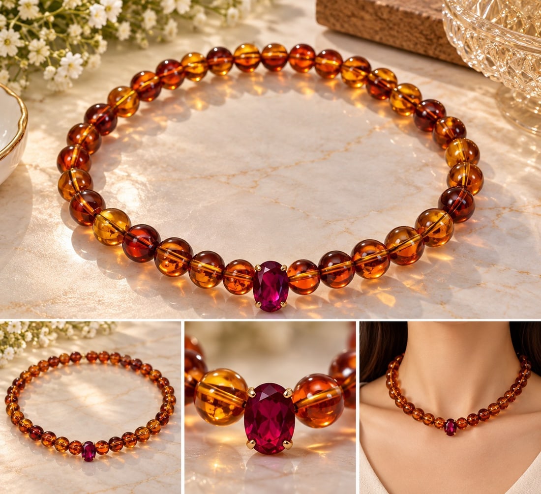 Cognac Colour Bead Necklace with Oval Red Gemstone Centrepiece: Title: Cognac Colour Bead Necklace with Oval Red Gemstone Centrepiece Description: Elegant necklace featuring polished translucent round beads in warm cognac and honey tones, accented by a faceted