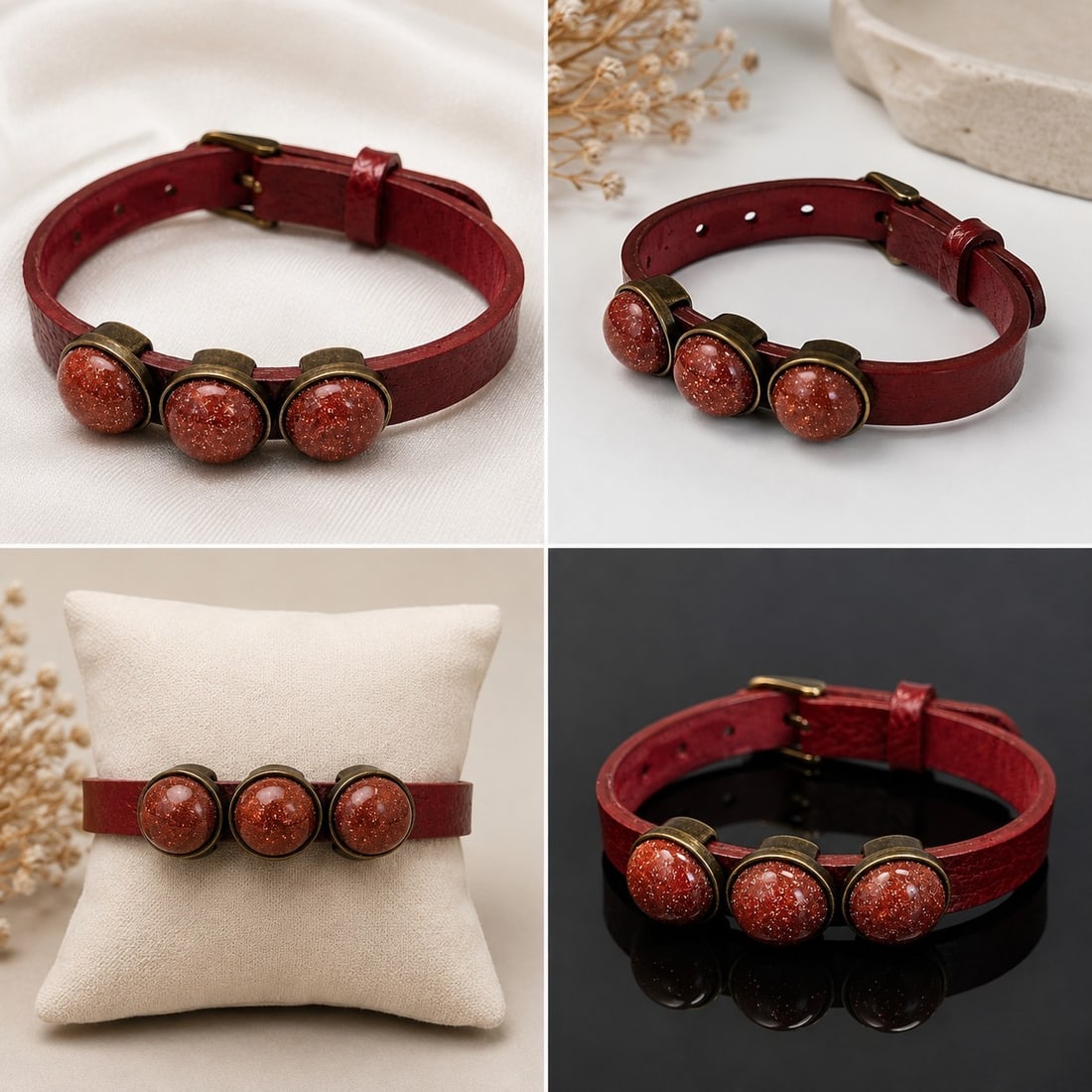 Red Leather Strap Bracelet with Three Decorative Stones: Title: Red Leather Strap Bracelet with Three Decorative Stones Description: Attractive red leather strap bracelet featuring three round reddish-brown sparkling stones in antique-tone settings.