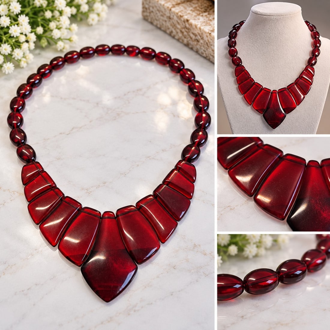 Red Statement Beaded Necklace with Graduated Geometric Drops: Title: Red Statement Beaded Necklace with Graduated Geometric Drops Description: Bold statement necklace featuring translucent deep red oval beads and a dramatic graduated geometric drop design at