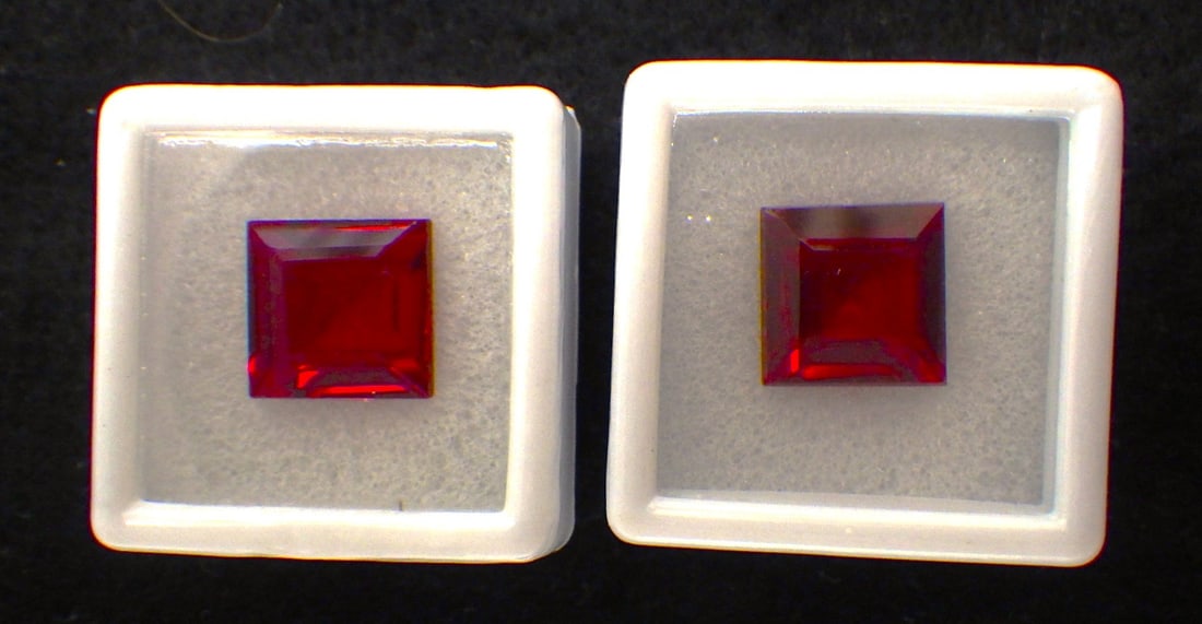 Pair Square Emerald Cut Rubies 21 Carats (Total): Title: Pair Square Emerald Cut Rubies 21 Carats (Total) Description: A pair of stunning gemstones, square emerald cut, rubies. Pigeon blood red colour, lab created by the Czochralsk