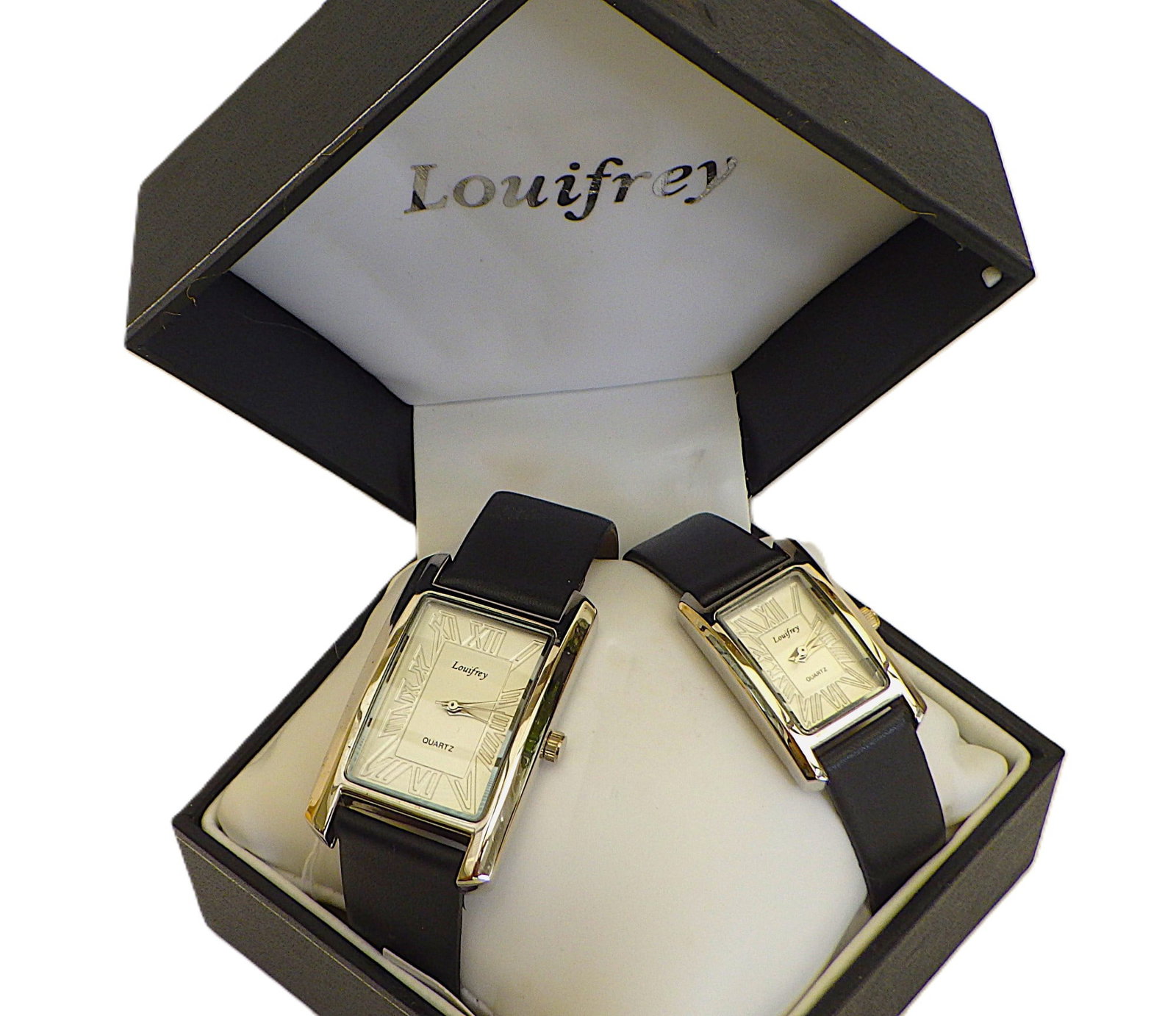Boxed His & Hers Louifrey Watches - New With Tags: Title: Boxed His & Hers Louifrey Watches - New With Tags Description: A wonderful HIS and HERS pair of watches by LOUIFREY. Case 32 x 27 mm and 24 x 20 mm dial with engraved Roman num