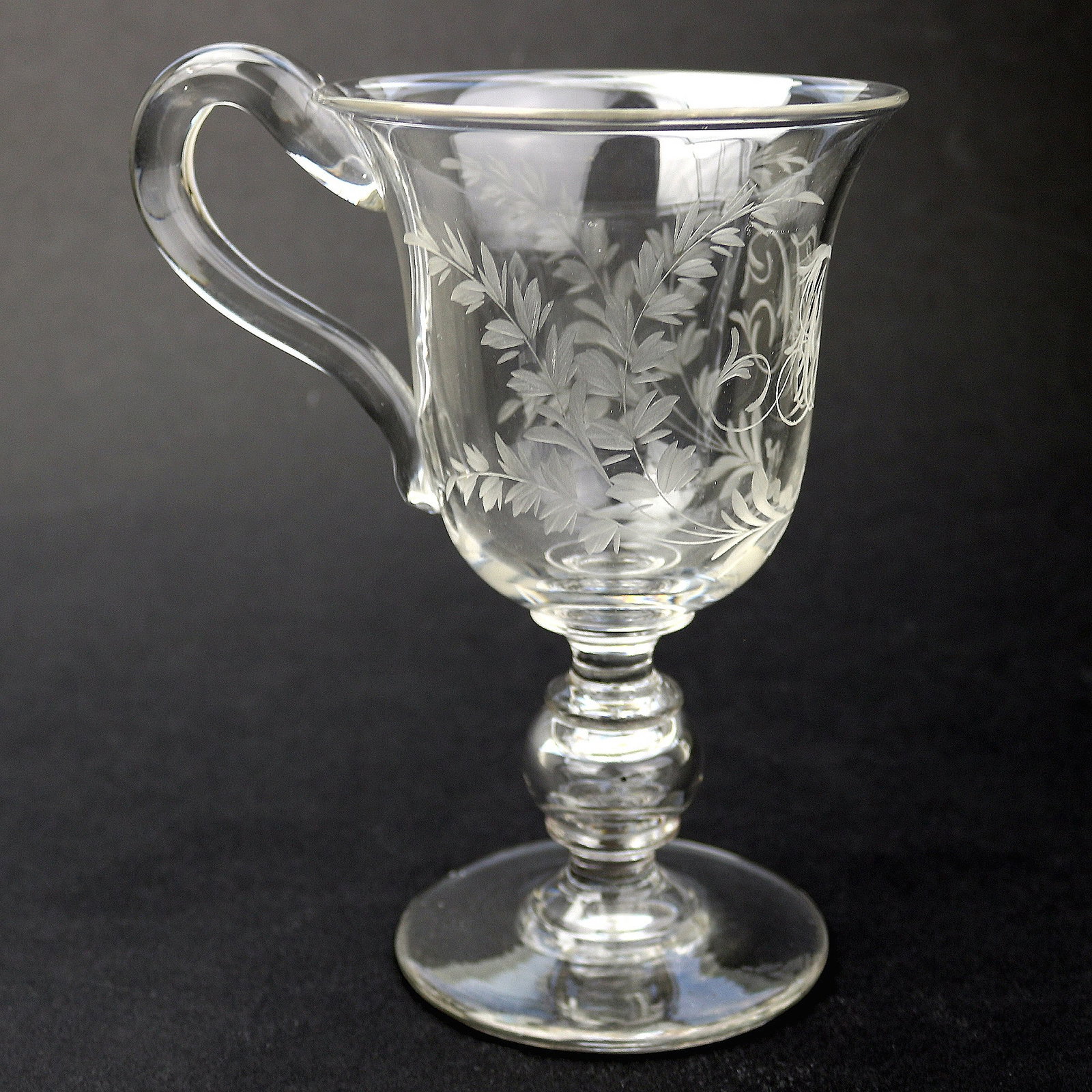 An Unusual Antique Victorian Engraved Hollow Stem Glass Goblet 19thC: Title: An Unusual Antique Victorian Engraved Hollow Stem Glass Goblet 19thC Description: A very unusual and substantial antique stemware glass Goblet: having a generous bowl with engraved vine leaves