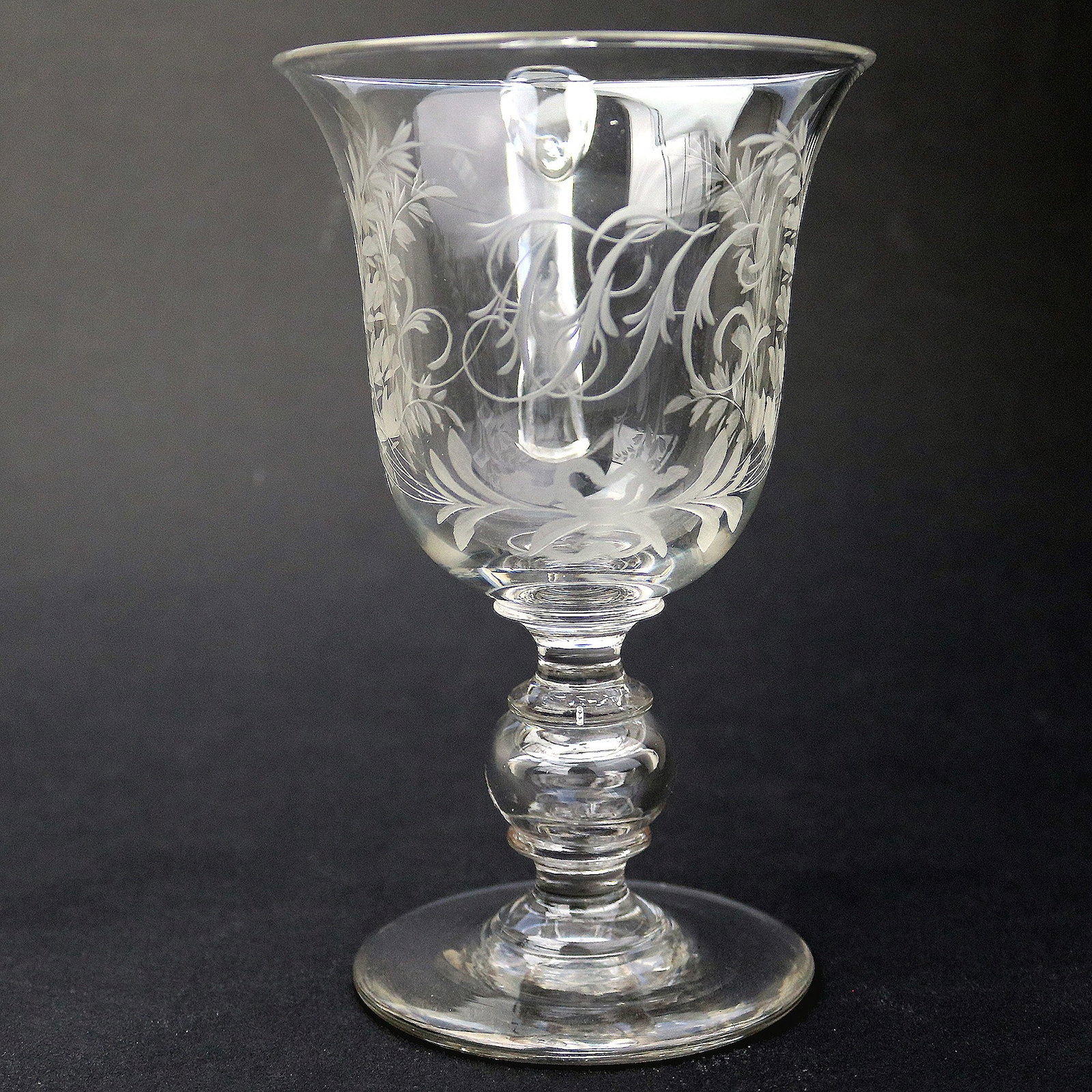 Title: An Unusual Antique Victorian Engraved Hollow Stem Glass Goblet 19thC Description: A very - 2