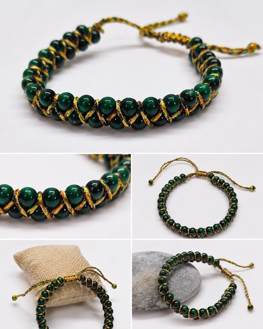 Green Beaded Adjustable Braided Bracelet: Title: Green Beaded Adjustable Braided Bracelet Description: Description: Stylish adjustable bracelet featuring glossy green round beads woven with a multicoloured braided cord. Finished with a sli