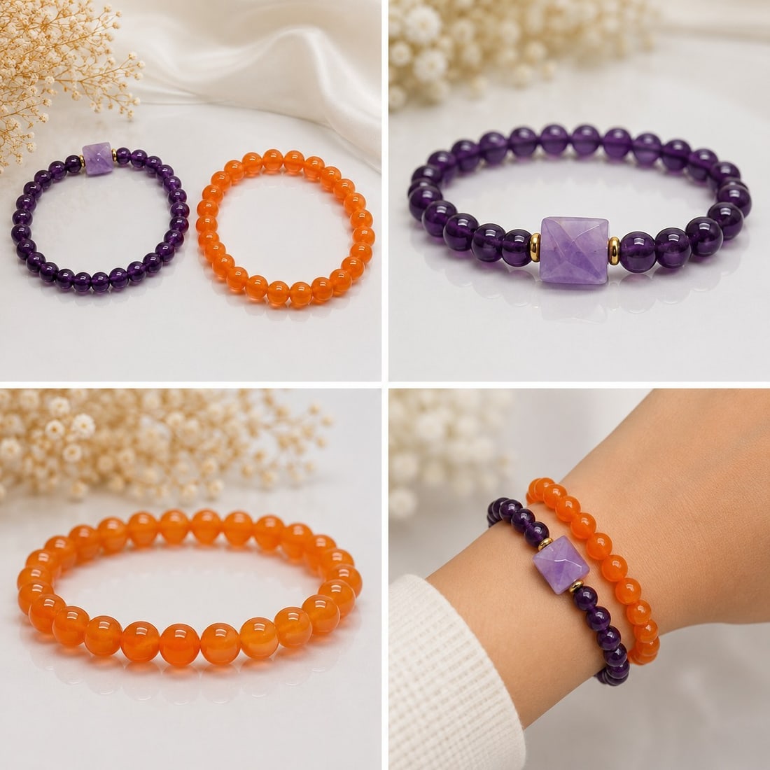 Set of Two Beaded Stretch Bracelets – Purple & Orange: Title: Set of Two Beaded Stretch Bracelets – Purple & Orange Description: Attractive set of two stretch bracelets featuring polished round beads in rich purple and vibrant orange tones. The