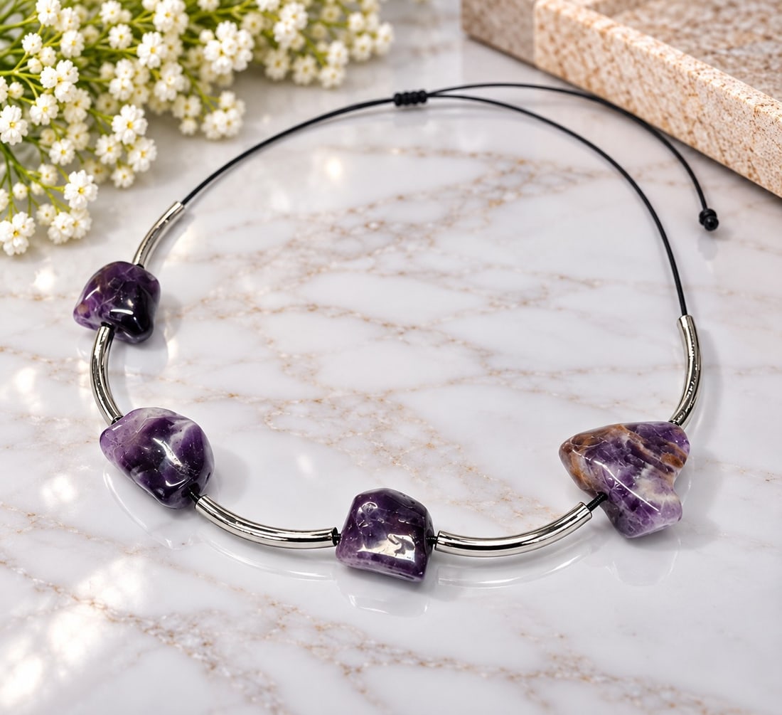 Purple Stone Statement Necklace: Title: Purple Stone Statement Necklace Description: Contemporary necklace featuring polished purple stones with natural colour variations, combined with curved silver-tone sections and an adjustable