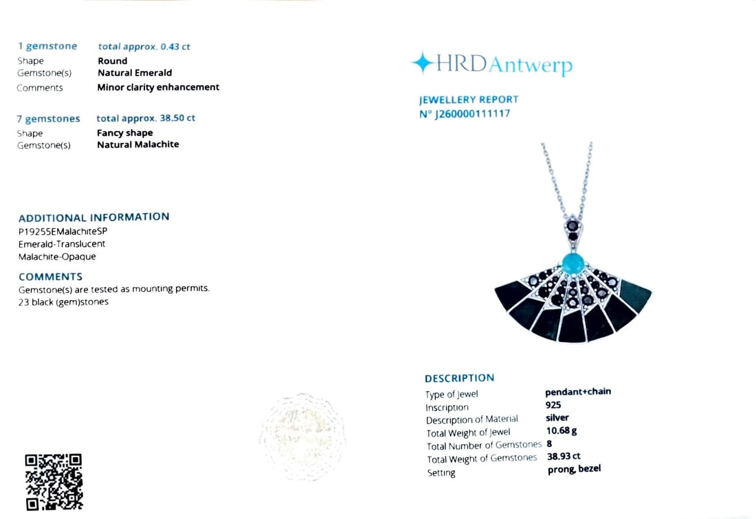 HRD Certified Sakota Emerald, Malachite & Black Spinel Pendant – 925 Sterling Silver - 6