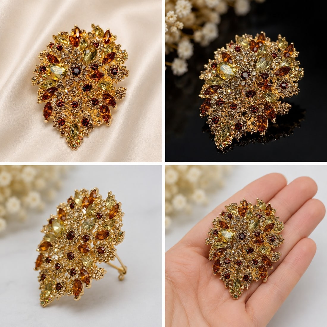 Gold-Tone Floral Crystal Statement Brooch: Title: Gold-Tone Floral Crystal Statement Brooch Description: Elaborate gold-tone statement brooch featuring a rich arrangement of faceted amber, champagne and brown stones, accented with sparkling