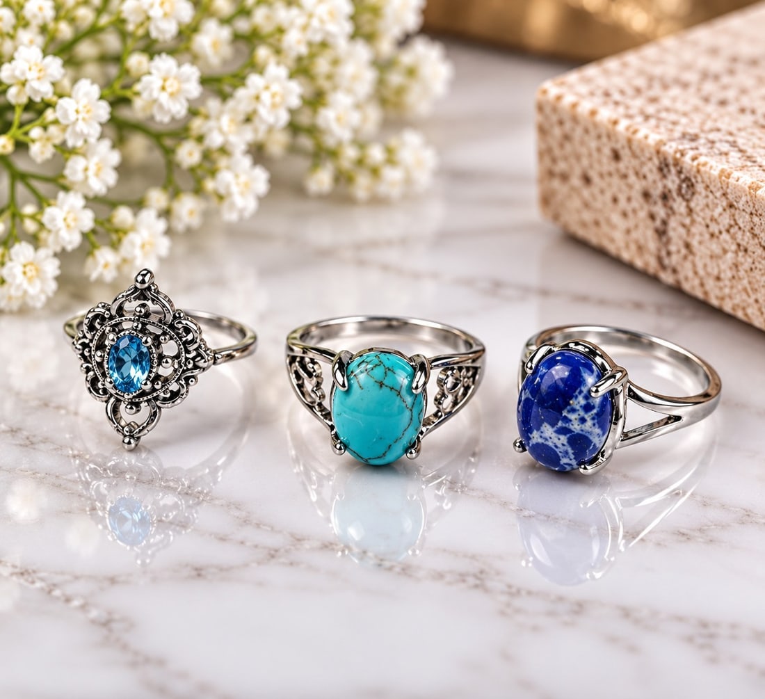 Set of Three Silver-Tone Rings with Blue & Turquoise Stones (1 of 1)