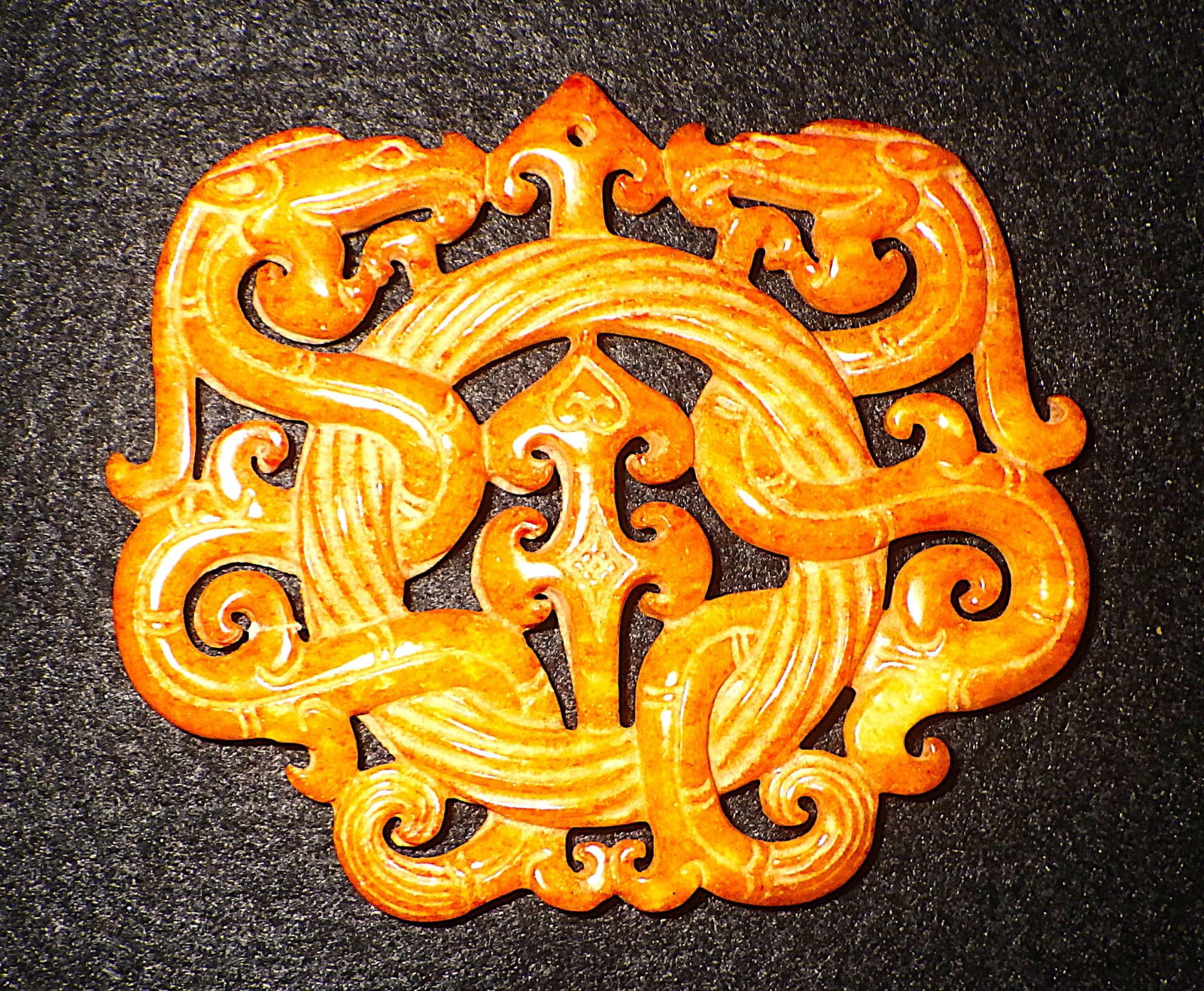 Title: Vintage Chinese Hand Carved Orange Jade Amulet With Mythological Beasts Description: A - 2