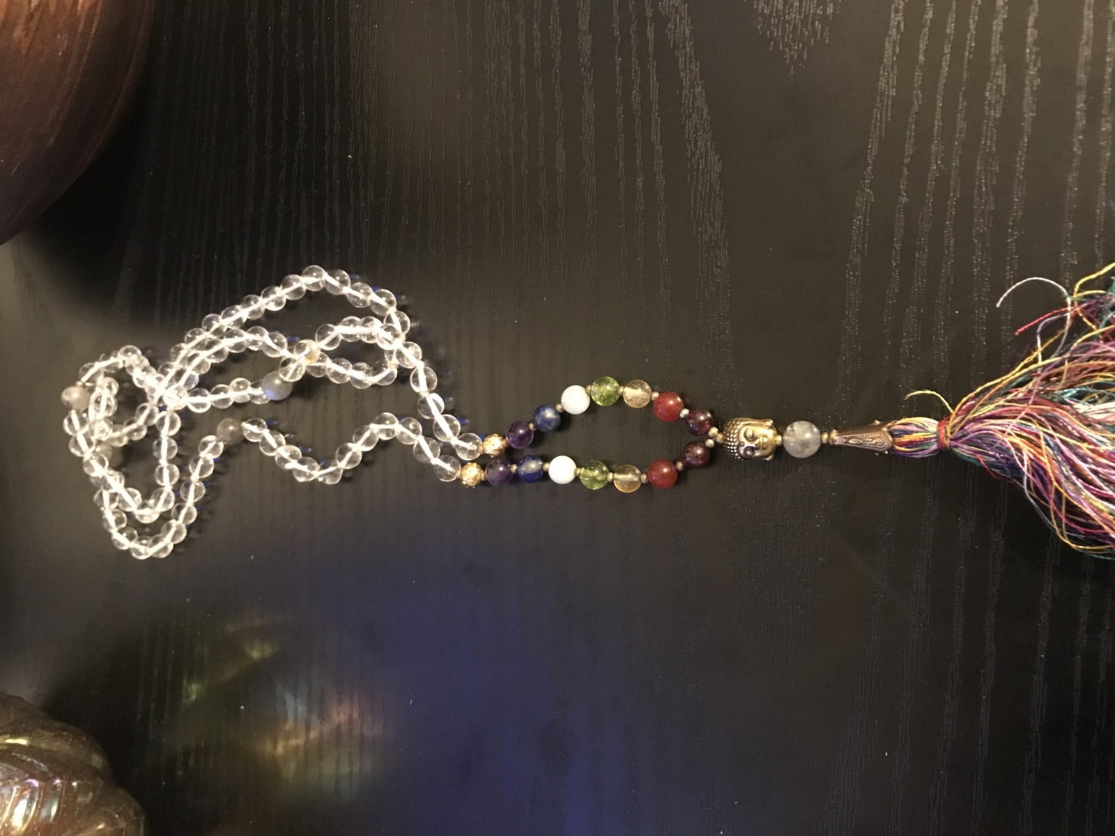 Title: Clear Quartz Long Bead Necklace With Buddha Charm and Tassle Description: Clear quartz - 2
