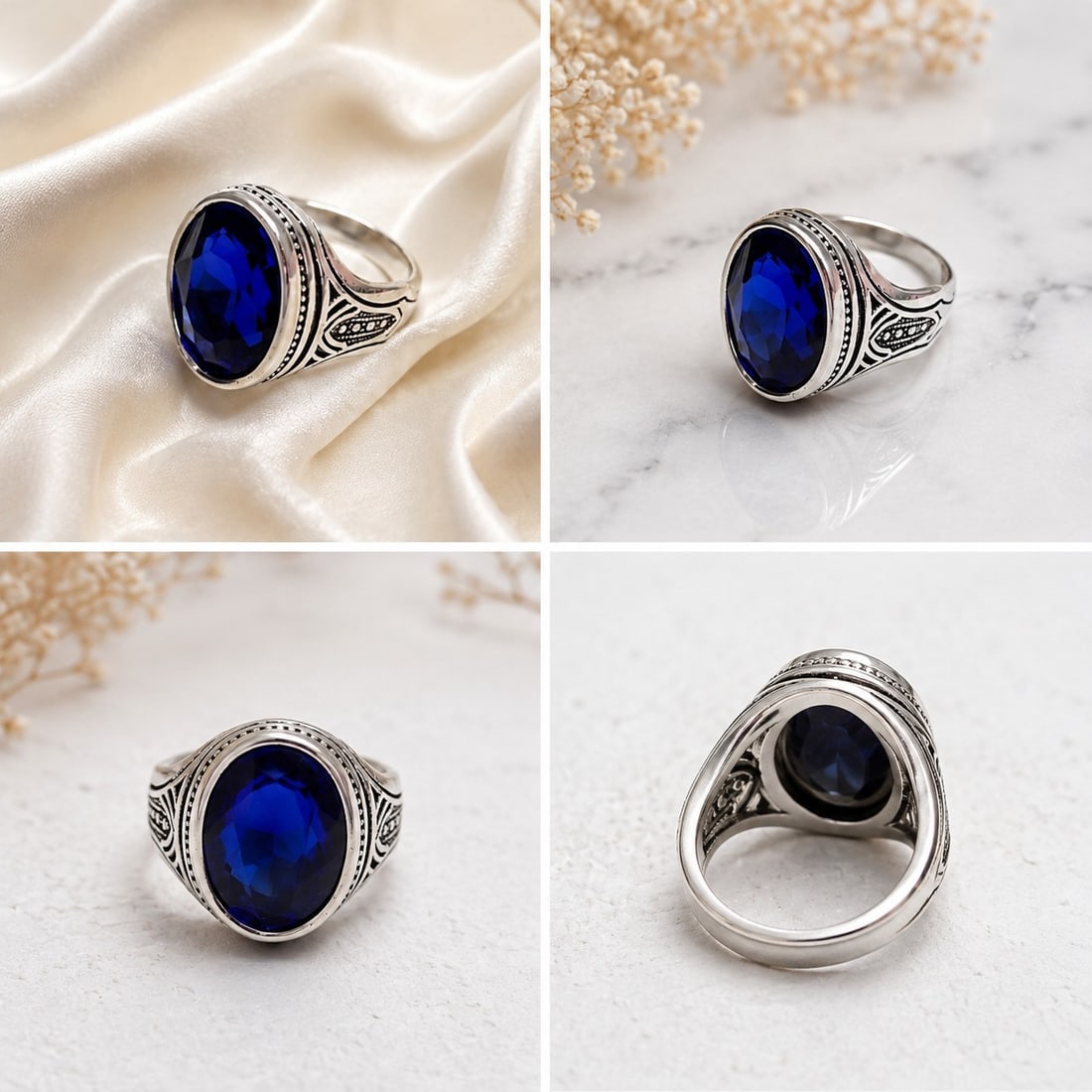 Deep Blue Oval Stone Silver-Tone Statement Ring: Title: Deep Blue Oval Stone Silver-Tone Statement Ring Description: Bold silver-tone ring featuring a large faceted oval deep blue stone in a raised setting. The wide band is decorated with detailed