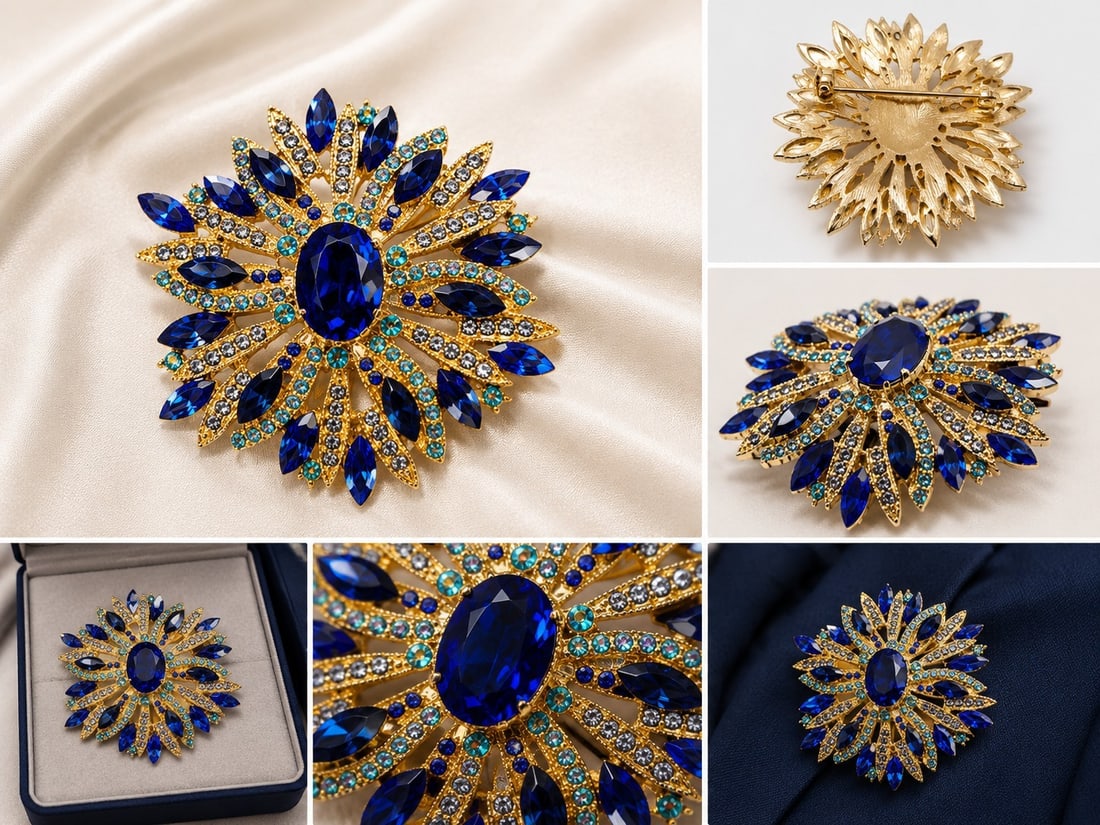 Blue Crystal Sunburst Brooch – Gold-Tone Statement Jewellery: Title: Blue Crystal Sunburst Brooch – Gold-Tone Statement Jewellery Description: Striking sunburst-style brooch in gold-tone metal, decorated with deep blue, turquoise and clear sparkling