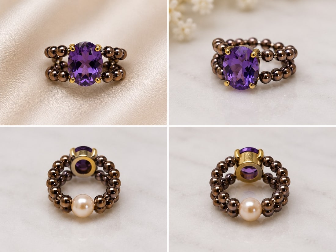Alexandrite Centre Stone Beaded Ring with Pearl Accent: Title: Alexandrite Centre Stone Beaded Ring with Pearl Accent Description: A distinctive beaded ring featuring a faceted alexandrite centre stone in a gold-tone setting. Designed with double rows of