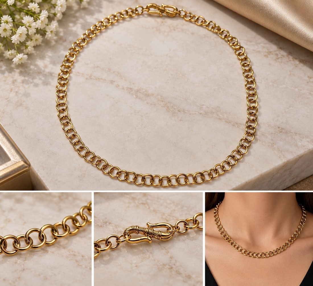 Gold Tone Round Link Chain Necklace – Classic Statement Design: Title: Gold Tone Round Link Chain Necklace – Classic Statement Design Description: Elegant gold tone chain necklace featuring polished interlocking round links and a decorative secure clasp.