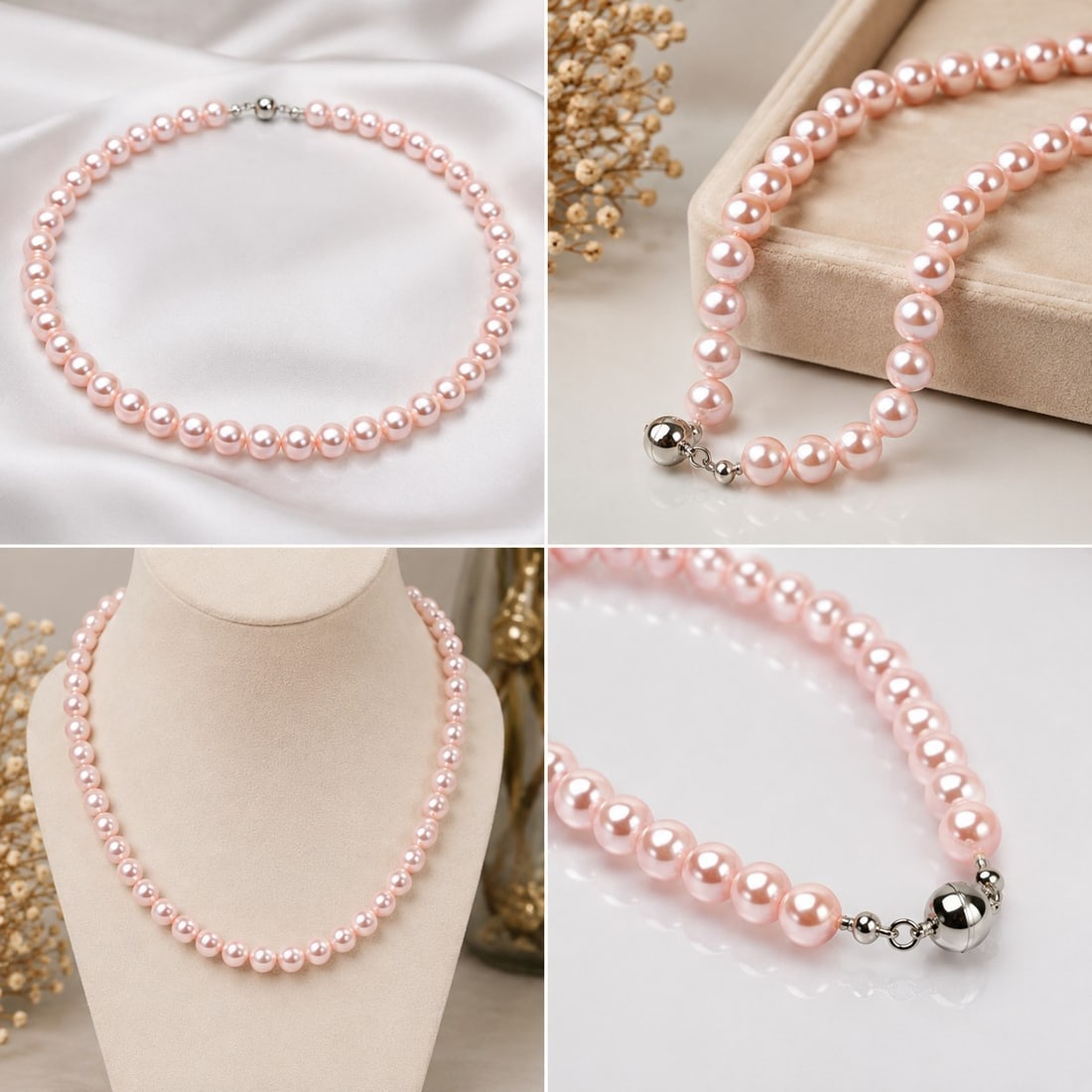 Pink Pearl Necklace – 8mm Beads: Title: Pink Pearl Necklace – 8mm Beads Description: Beautiful necklace featuring 8mm round pink pearl-style beads with a smooth, lustrous finish. The soft pink colour gives the necklace an