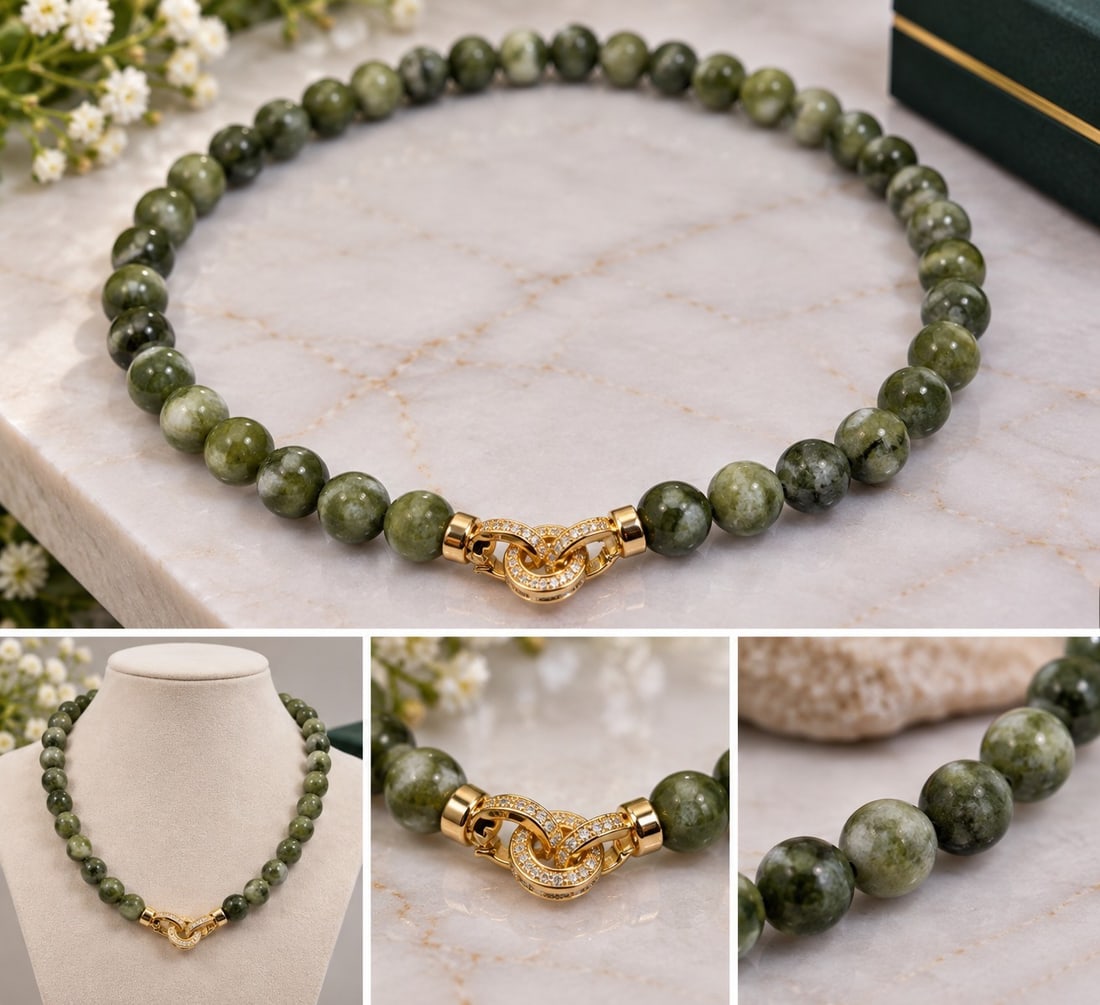 Green Gemstone Beaded Necklace with Gold-Tone Clasp: Title: Green Gemstone Beaded Necklace with Gold-Tone Clasp Description: Elegant necklace featuring polished round green gemstone beads with attractive natural colour variations and marbled patterns.