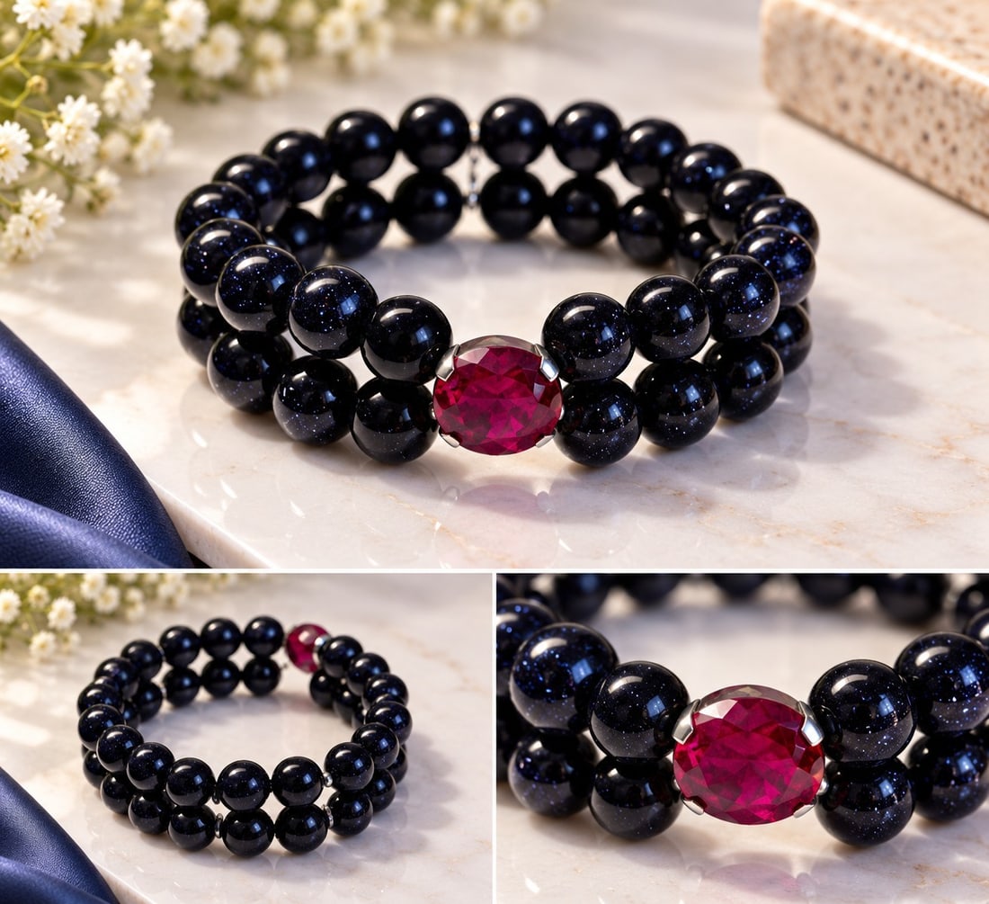 Double Strand Black Bead Bracelet with Red Faceted Centre Stone: Title: Double Strand Black Bead Bracelet with Red Faceted Centre Stone Description: A striking double strand bracelet featuring polished black beads with a subtle sparkling effect and a faceted red