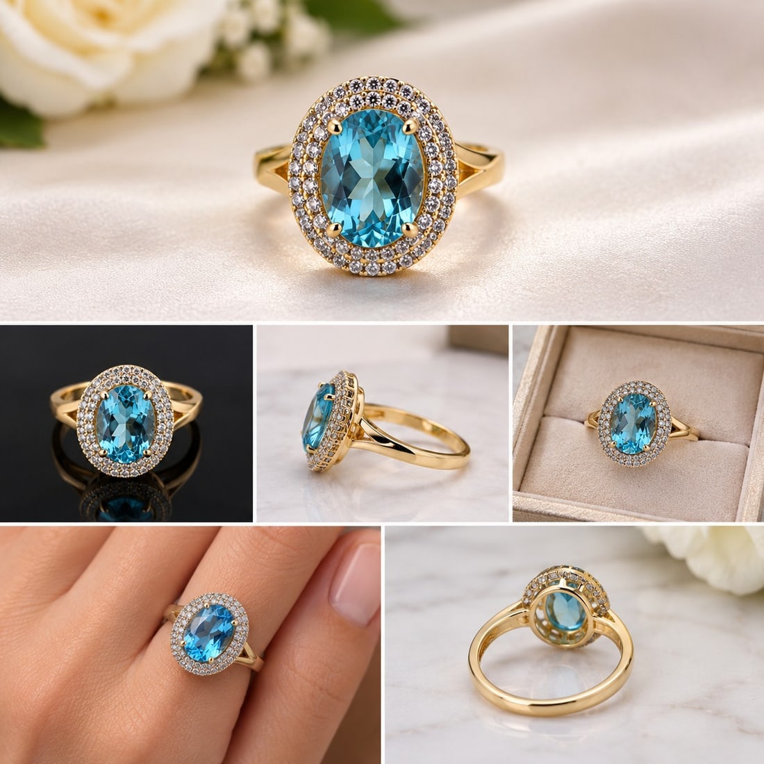 Blue Gemstone Halo Ring - Size 17: Title: Blue Gemstone Halo Ring - Size 17 Description: Elegant gold-tone ring featuring a large oval faceted blue gemstone surrounded by sparkling clear stones in a double halo design. A beautiful and