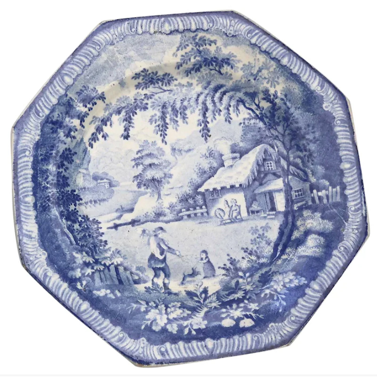 Antique Georgian Pottery Brameld Pottery Plate Blue & White Transferware C.1820: Title: Antique Georgian Pottery Brameld Pottery Plate Blue & White Transferware C.1820 Description: A charming antique pottery blue and white transferware Plate by Brameld of hexagonal shape in