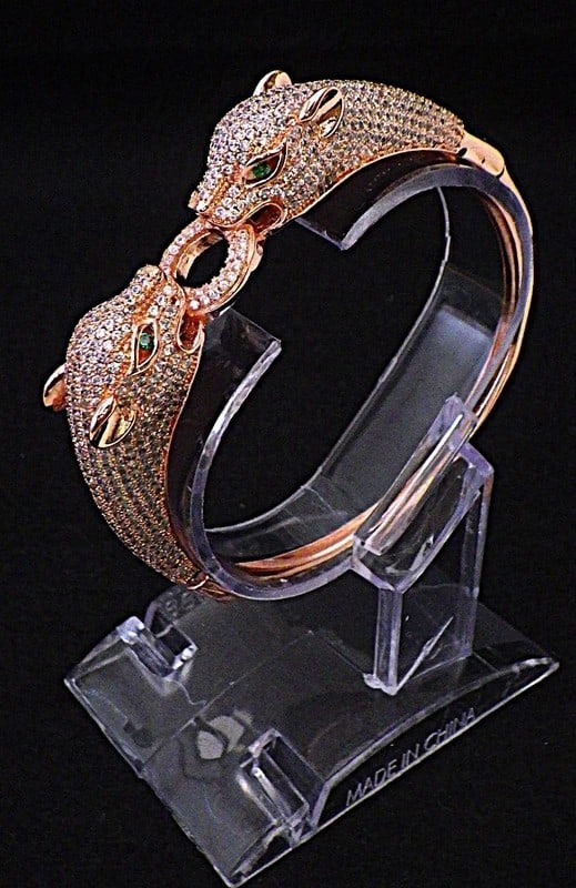 Title: A Statement, Two Panther Heads, Rose Gold Plated Bangle With Cubic Zirconia Description: A - 2