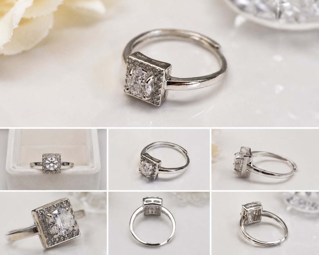 Moissanite Ring 5mm Centre Stone: Title: Moissanite Ring 5mm Centre Stone Description: Silver-tone ring featuring a sparkling 5mm round moissanite centre stone surrounded by small accent stones in an elegant square setting.