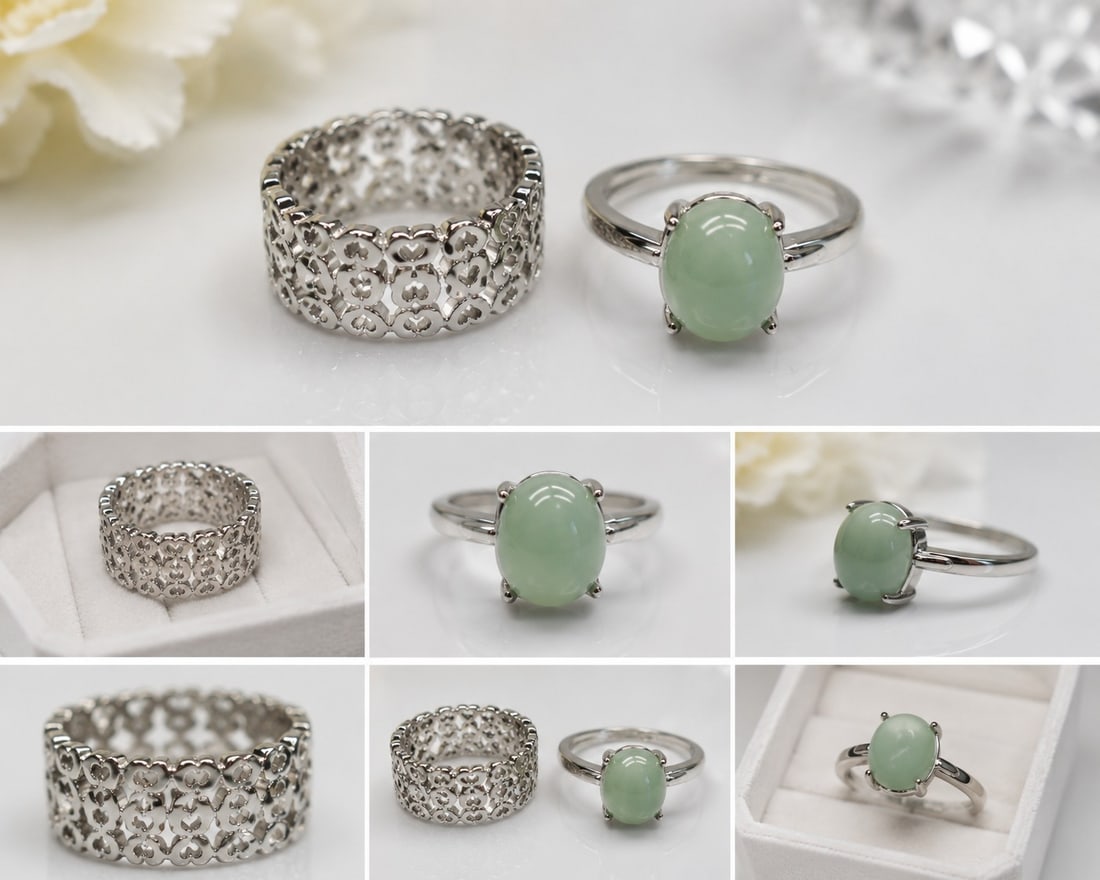 Set of Two Silver-Tone Rings – Green Cabochon & Filigree Design: Title: Set of Two Silver-Tone Rings – Green Cabochon & Filigree Design Description: Attractive set of two silver-tone rings. One features a smooth oval light green cabochon stone in a