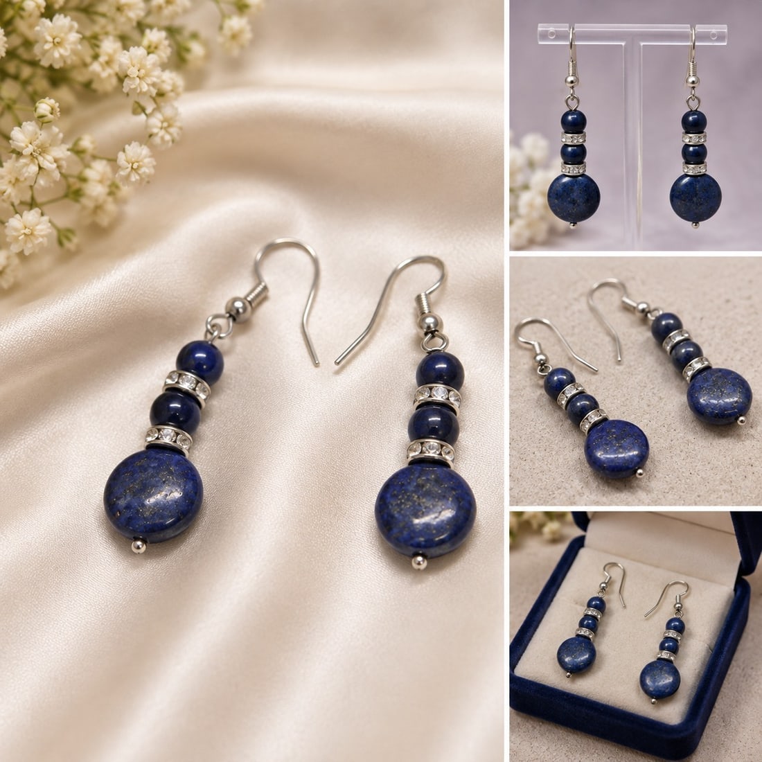 925 Sterling Silver Blue Stone Drop Earrings: Title: 925 Sterling Silver Blue Stone Drop Earrings Description: Elegant drop earrings crafted in 925 sterling silver, featuring deep blue polished stones accented with sparkling crystal spacers. A